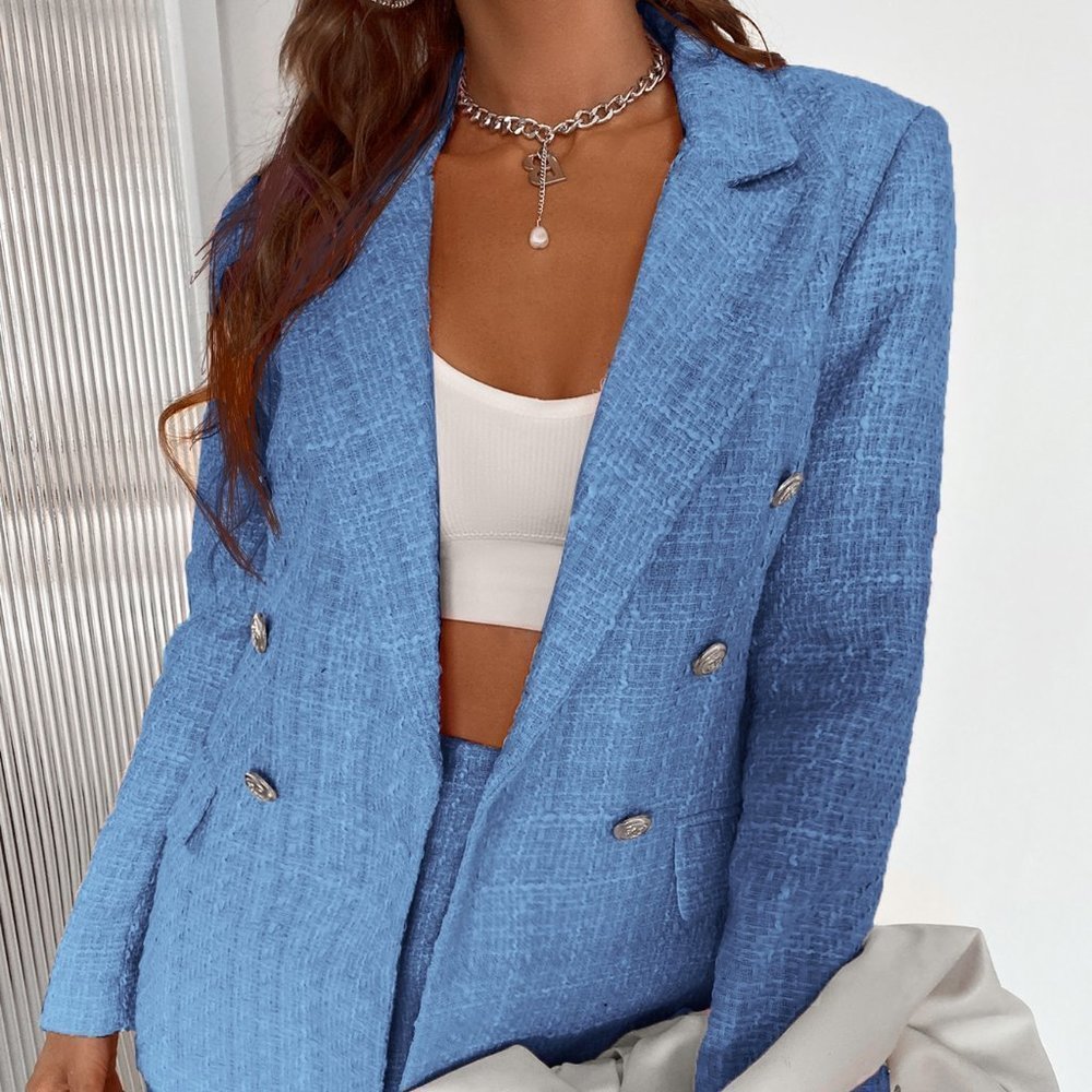 Chic Double Button Tweed Blazer Workwear Blue - Picture 1 of 5